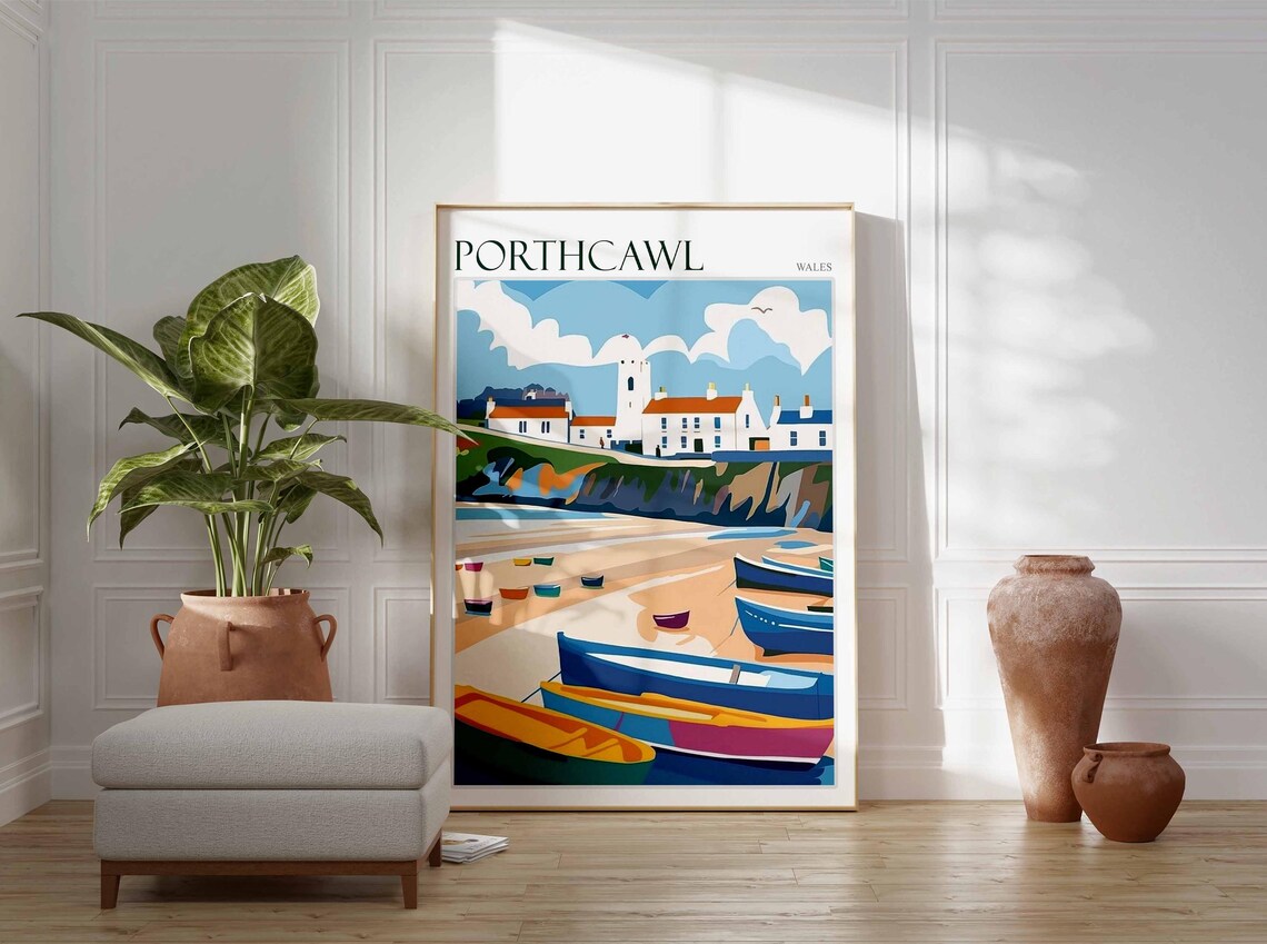 Porthcawl Wales Beach Boats Lighthouse Scene Vintage Travel Poster - Image 4