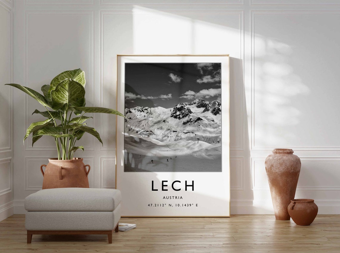 Lech Austria Black and White Snowy Ski Slopes Mountain Poster - Image 2