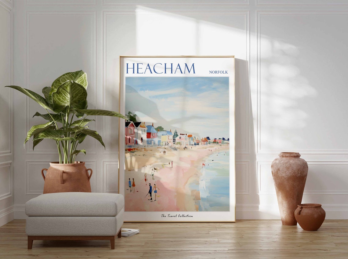 Heacham Norfolk Pastel Beach Huts Calm Shoreline Walkers Poster - Image 3