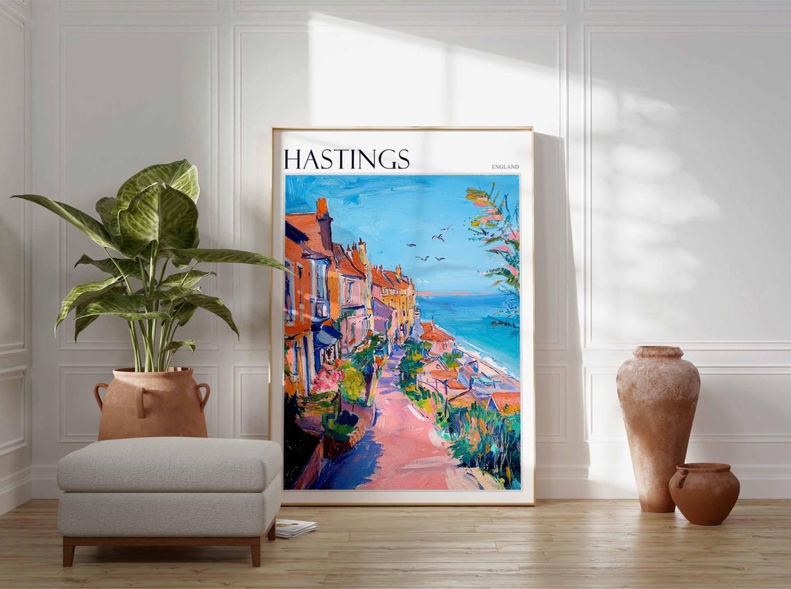 Hastings England Seaside Street Coastal Town Colorful Art Poster - Image 4