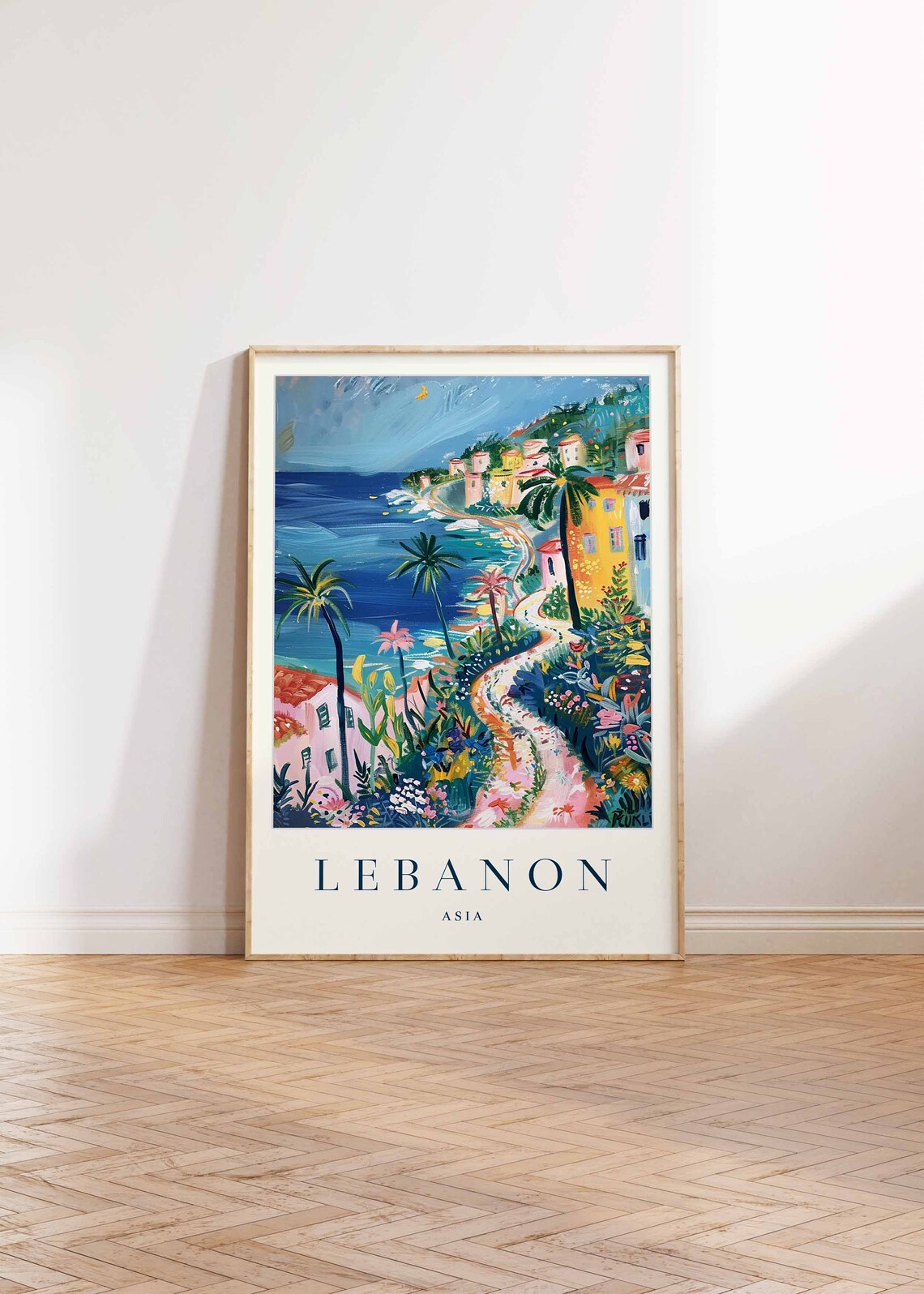 Lebanon Asia Colorful Coastal Village Painted Travel Poster Palm Art - Image 2