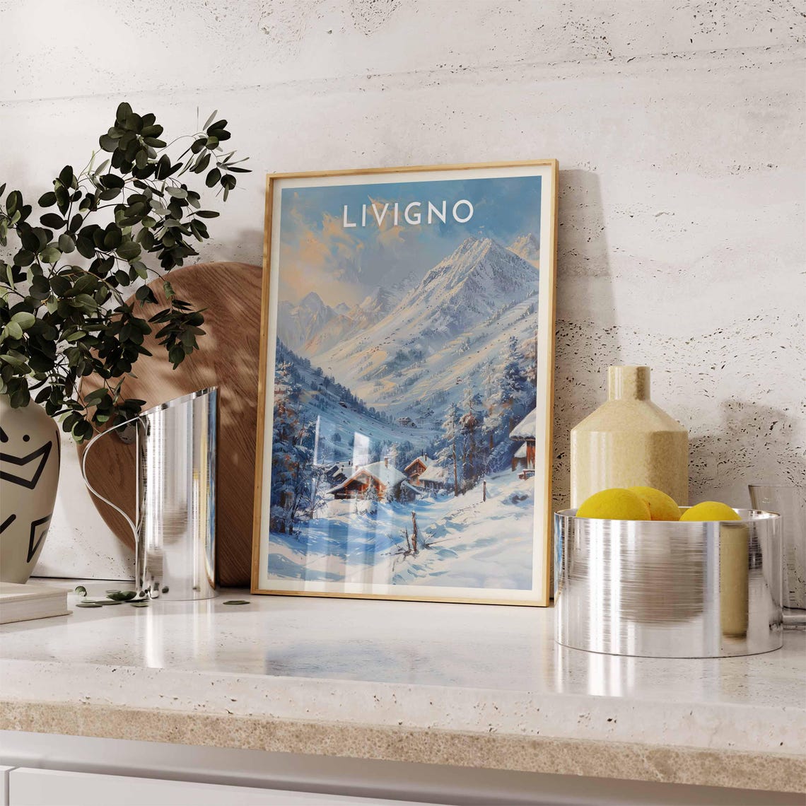 Livigno Italy Retro Snowy Chalet Alpine Golden Sunrise Poster - Image 2