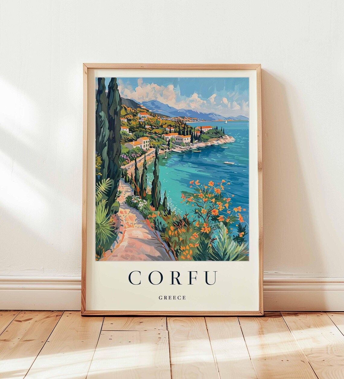 Corfu Greece Travel Poster, Ionian Island Beach