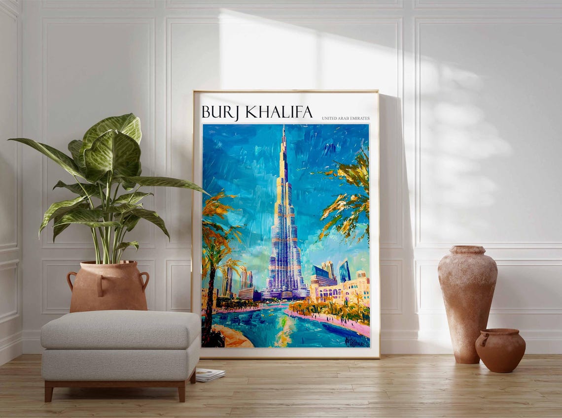 Burj Khalifa Dubai Palm Lined Lakeside Path Oil Painting Poster - Image 2