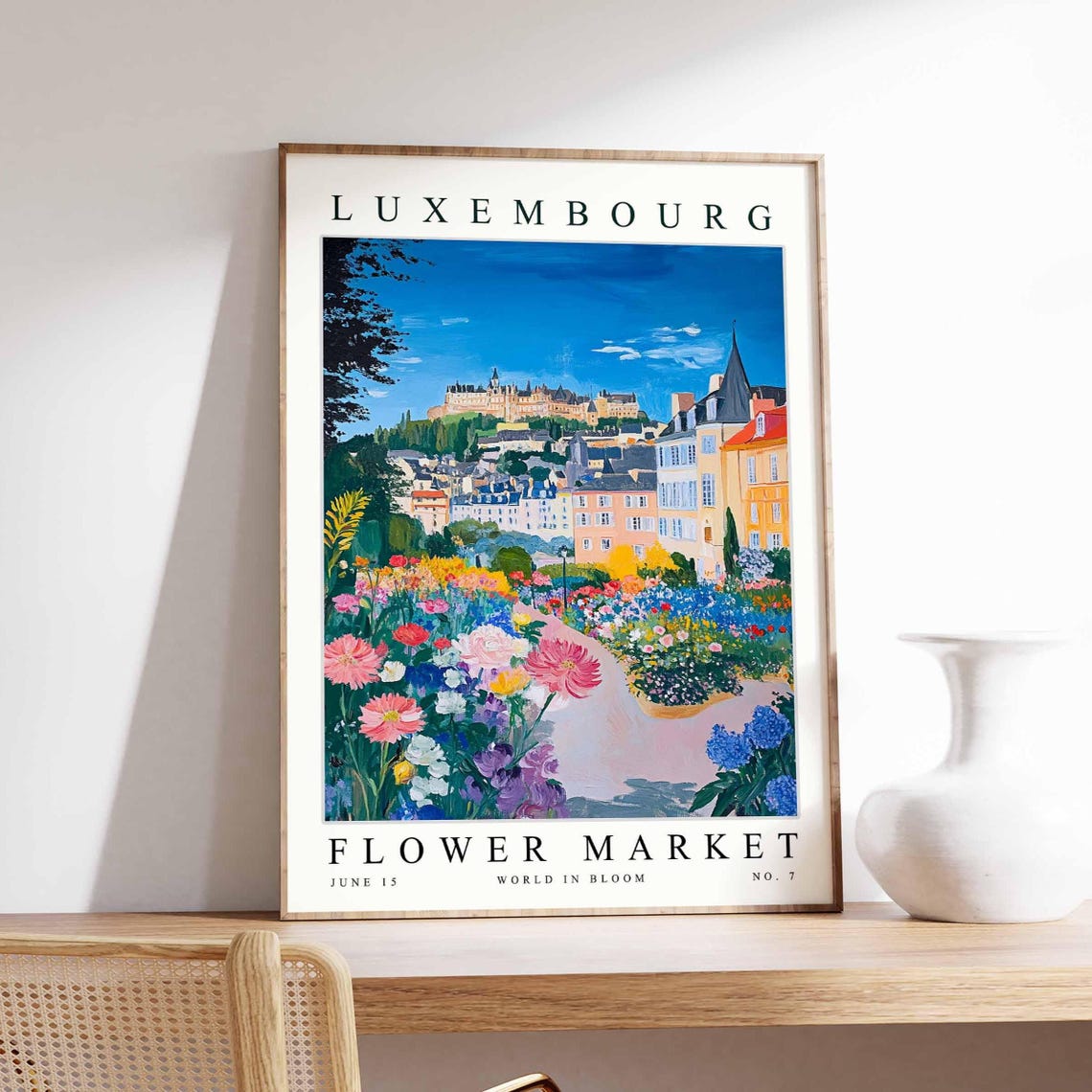 Luxembourg Flower Market Castle Cosmos Flower Path Vintage Art Poster