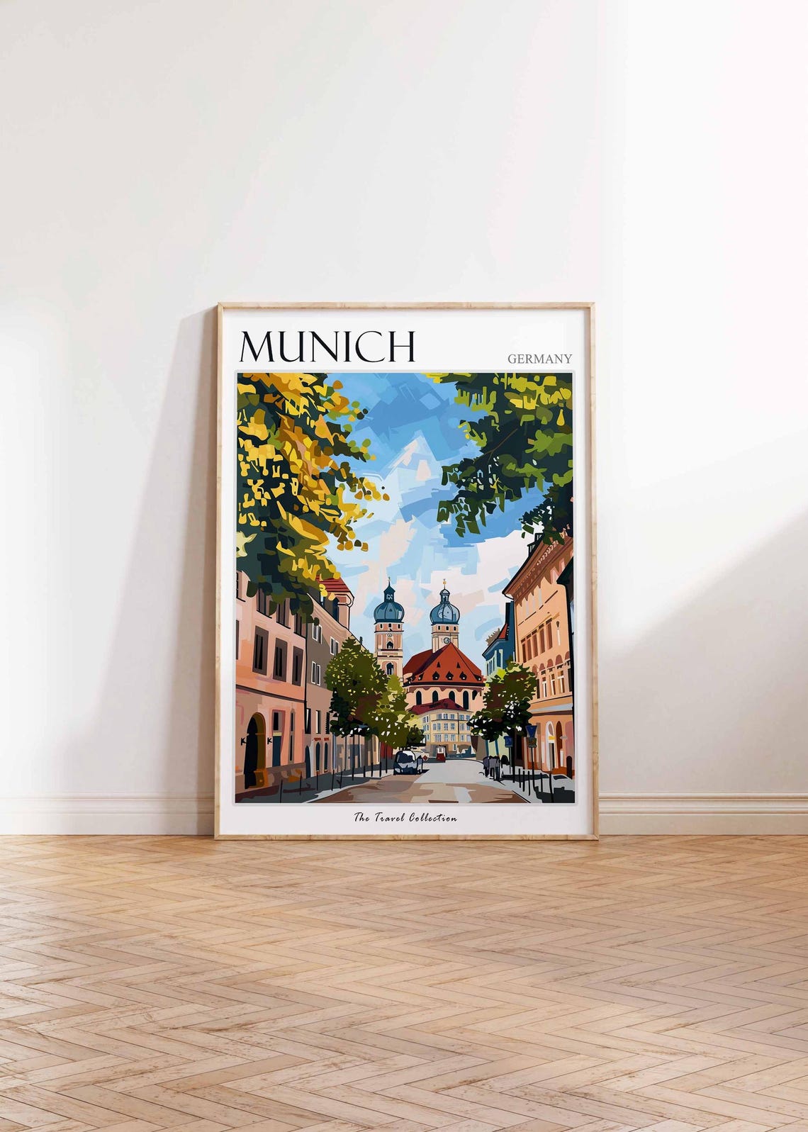 Munich Germany Twin Dome Church Tree Lined Street Illustration Poster - Image 2
