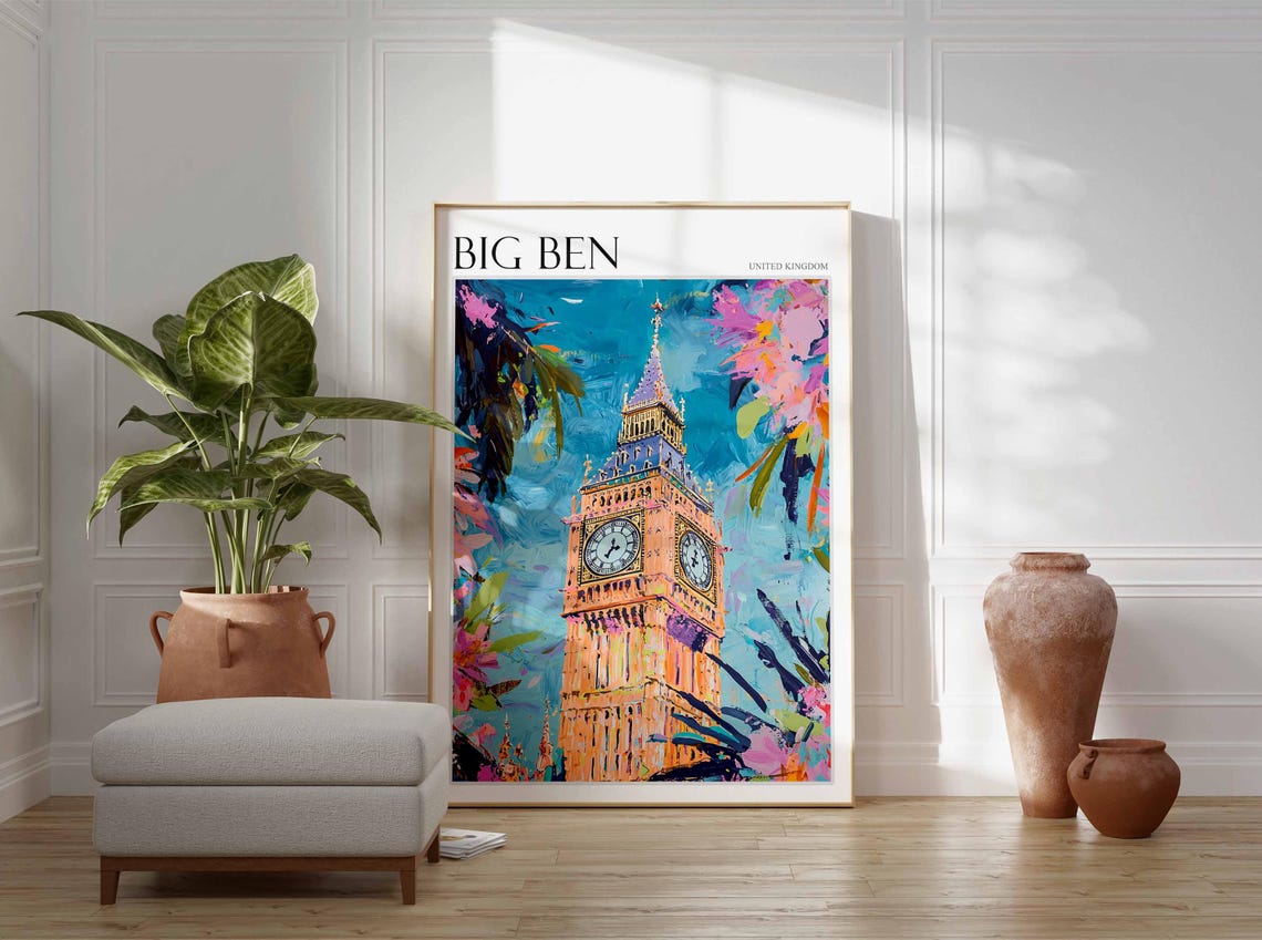 Big Ben United Kingdom Close-Up Tower With Tropical Flowers Poster - Image 2