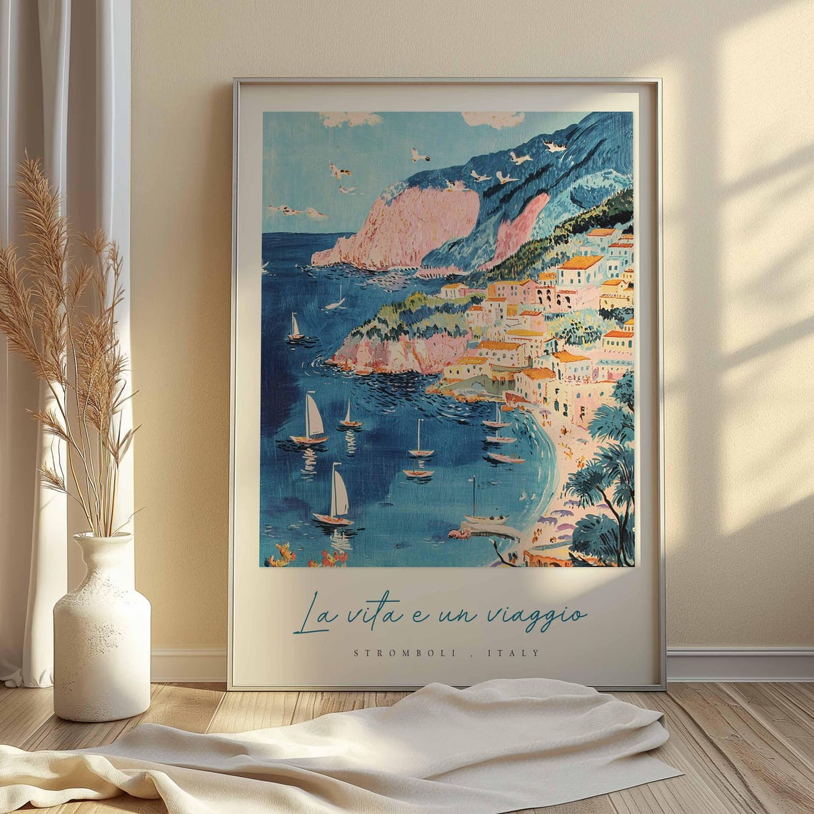 Stromboli Italy Sailboat Poster Bay With Pink Cliffs And Village - Image 2