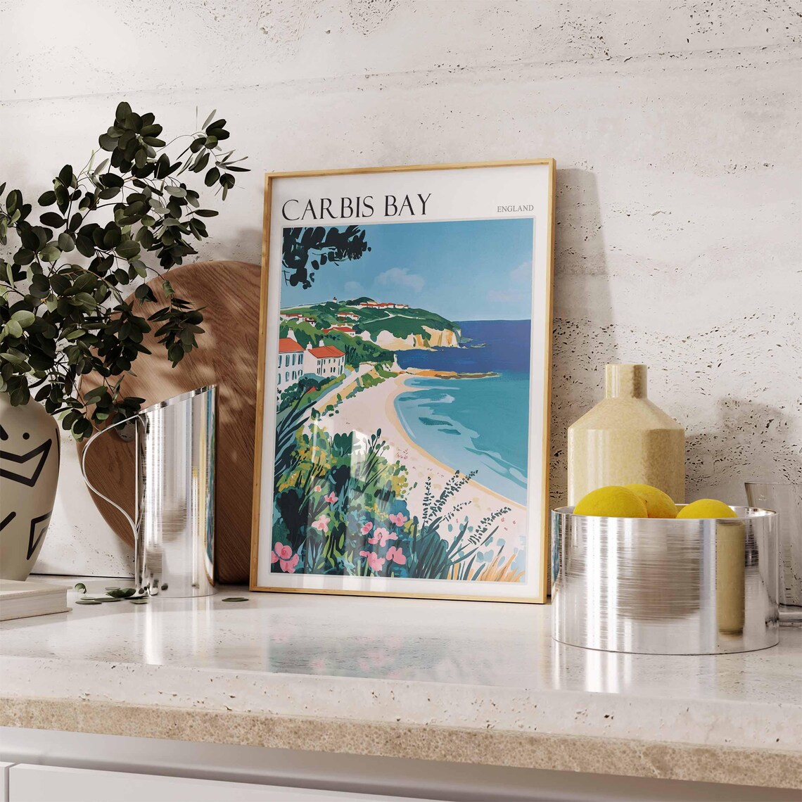 Carbis Bay England Red Roof Cottages Trees Bay View Travel Poster - Image 2