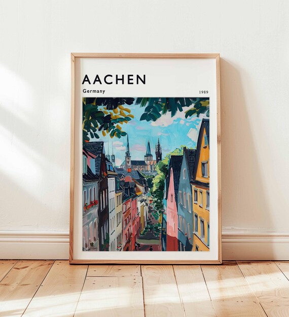 Aachen Germany 1989 Colorful Old Town Street Vintage Travel Print