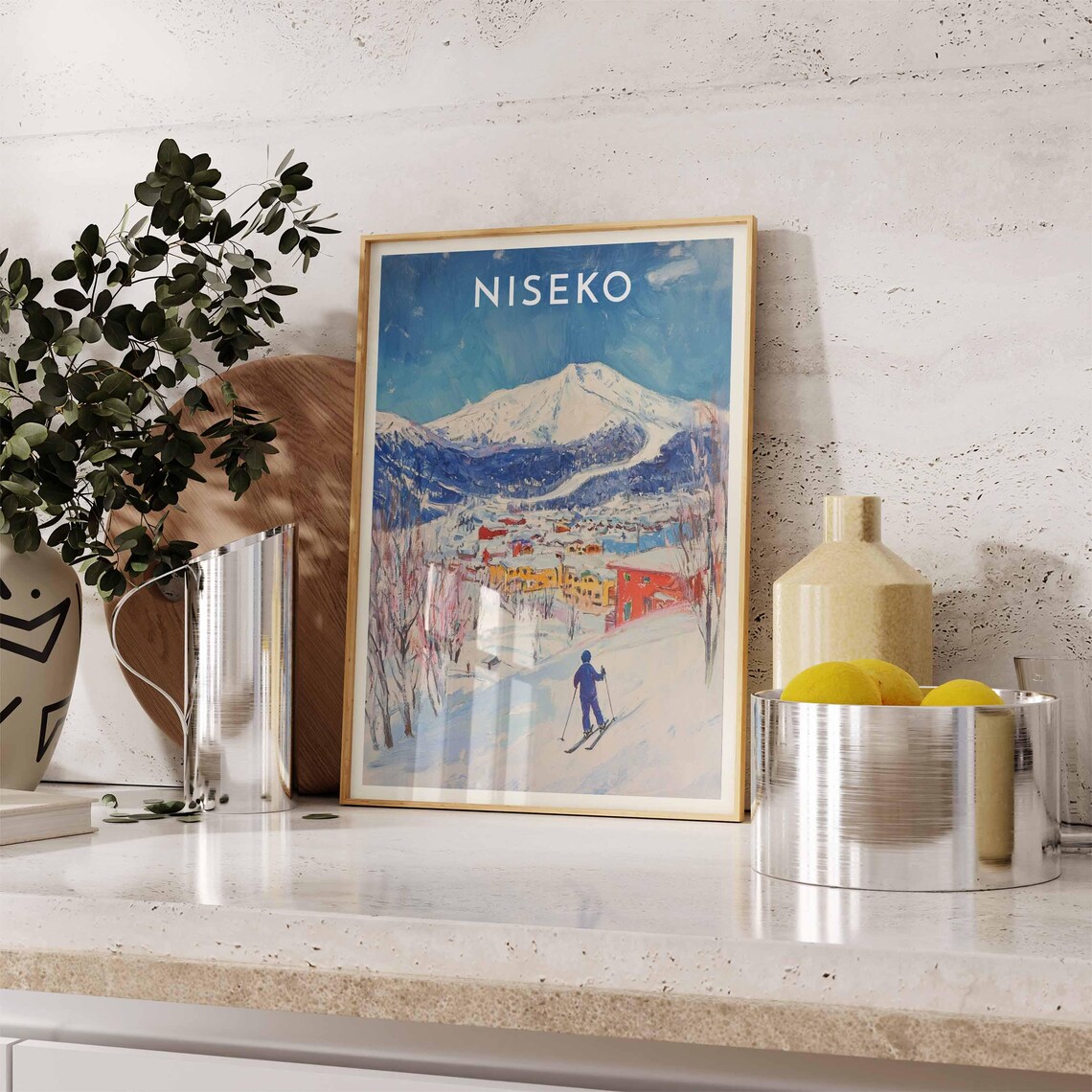 Niseko Japan Skier Overlooking Colorful Village Peak Painted Ski Poster - Image 2