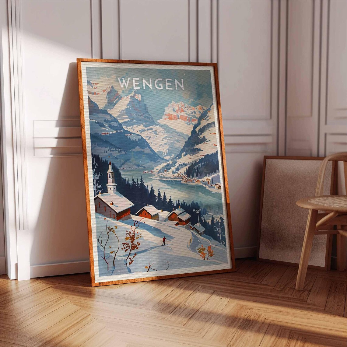 Wengen Switzerland Church Chalets Lake Mountain Scene Travel Poster - Image 3