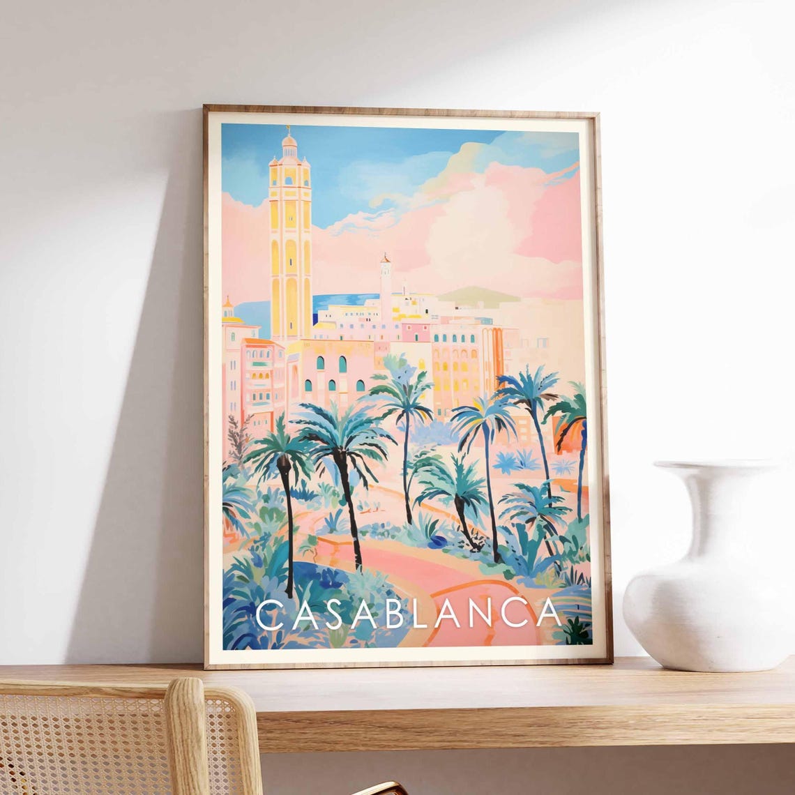 Casablanca Morocco Pastel Palm Trees Old Town Tower View Poster
