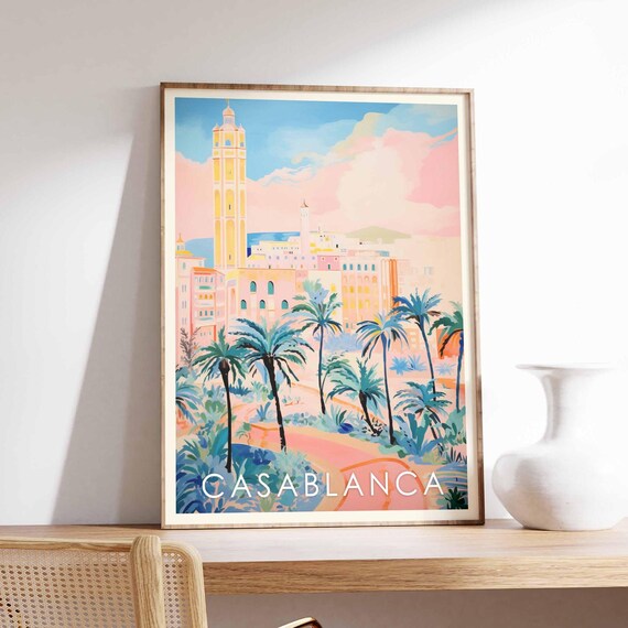 Casablanca Morocco Pastel Palm Trees Old Town Tower View Poster