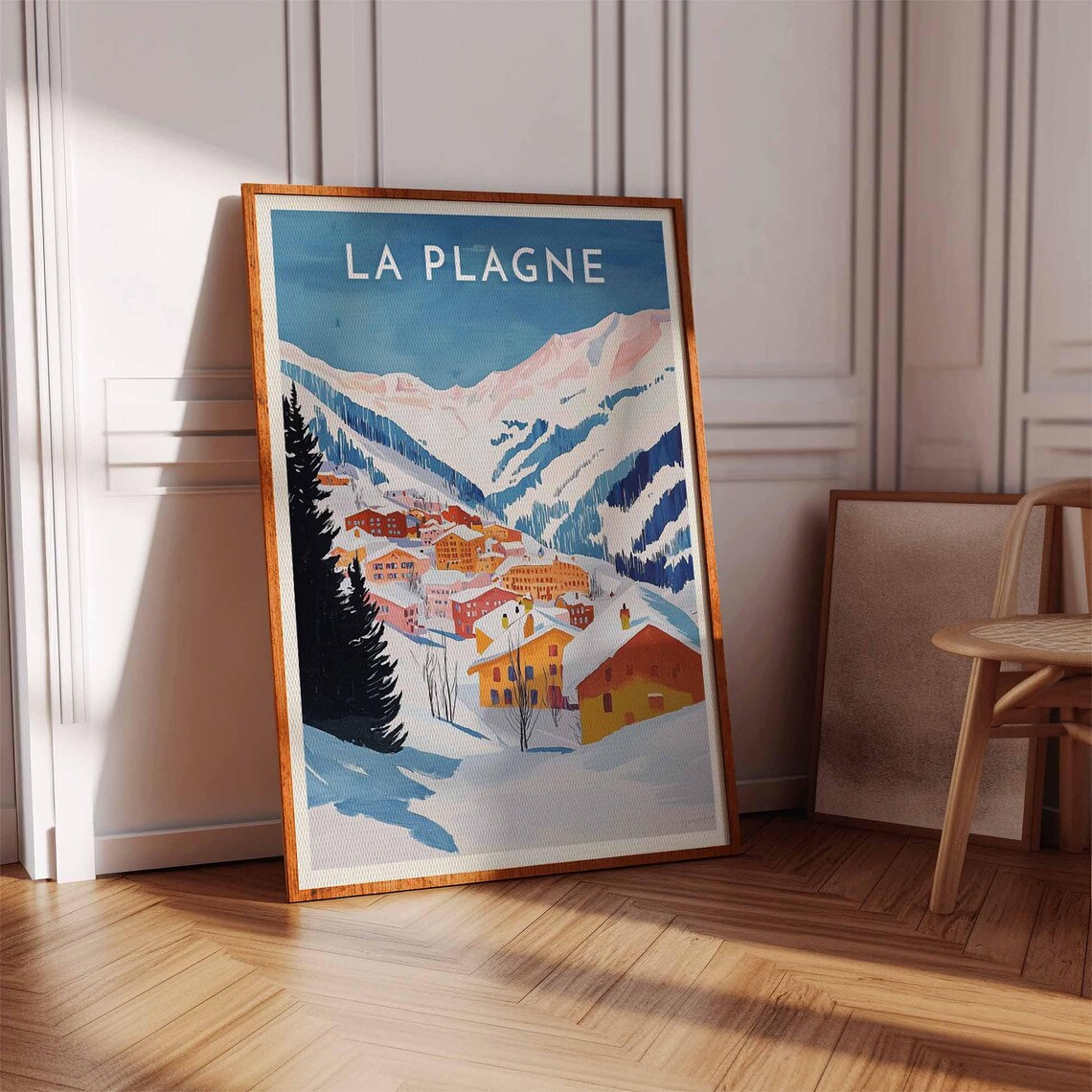 La Plagne Sunset Hues Poster with Village at Foot of Pink Peaks - Image 2