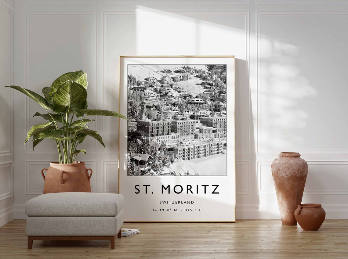 St Moritz Switzerland Black And White Alpine Ski Resort Photo Poster - Image 2