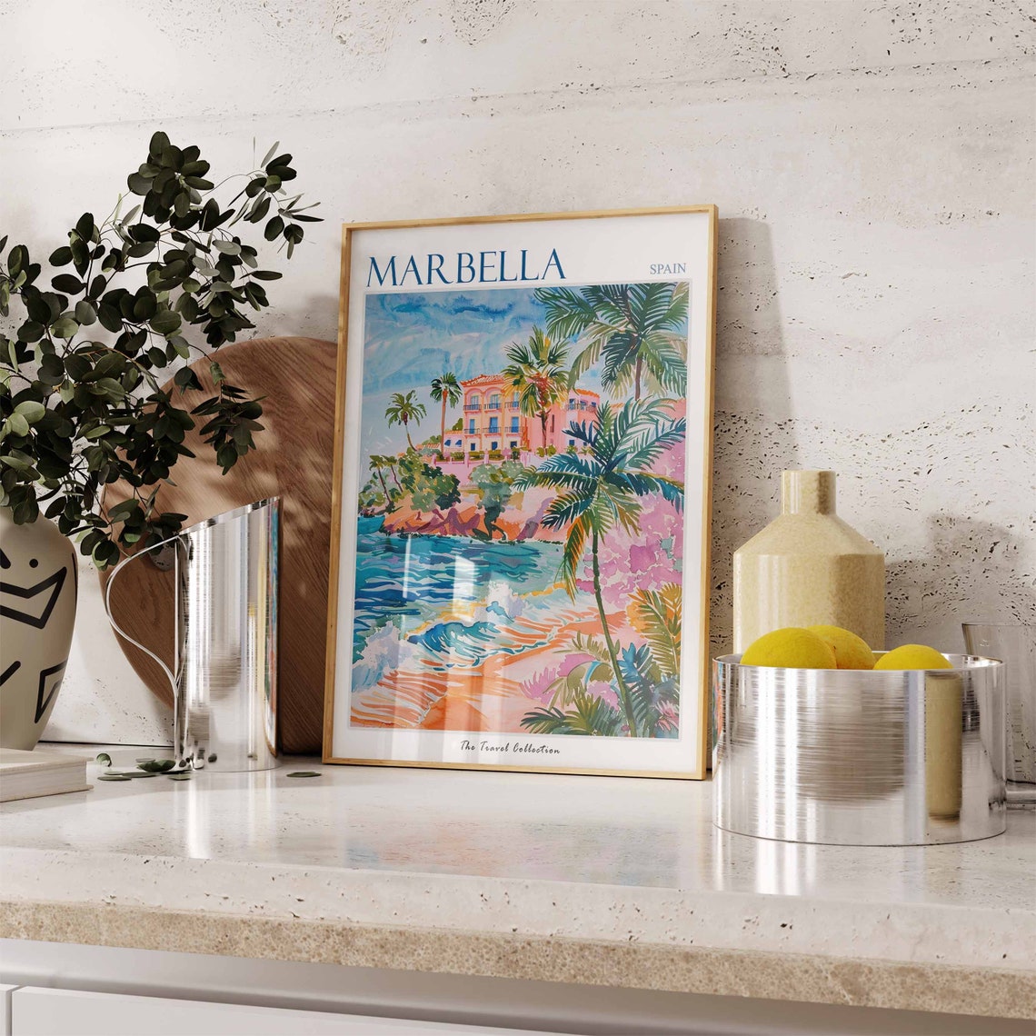Marbella Spain Watercolor Pink Villa Beach Palm Tree Art Poster - Image 2