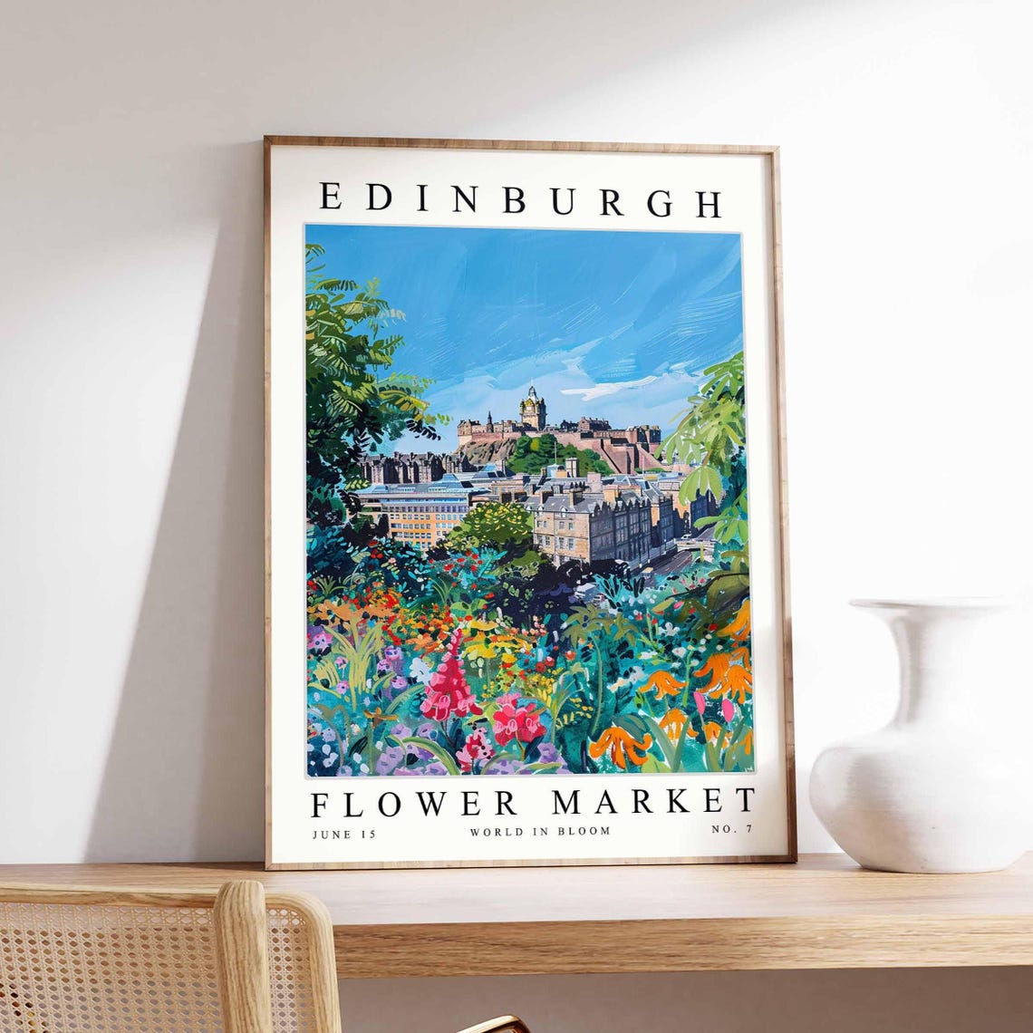 Edinburgh Flower Market Castle Tree Framed Wildflower Meadow Poster