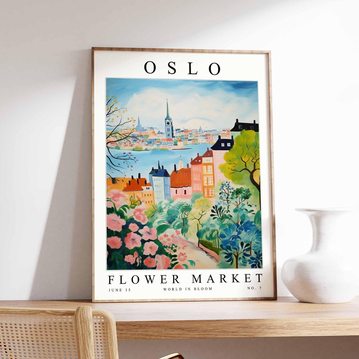 Oslo Flower Market Pink Blossom Spire Skyline Bay View Poster