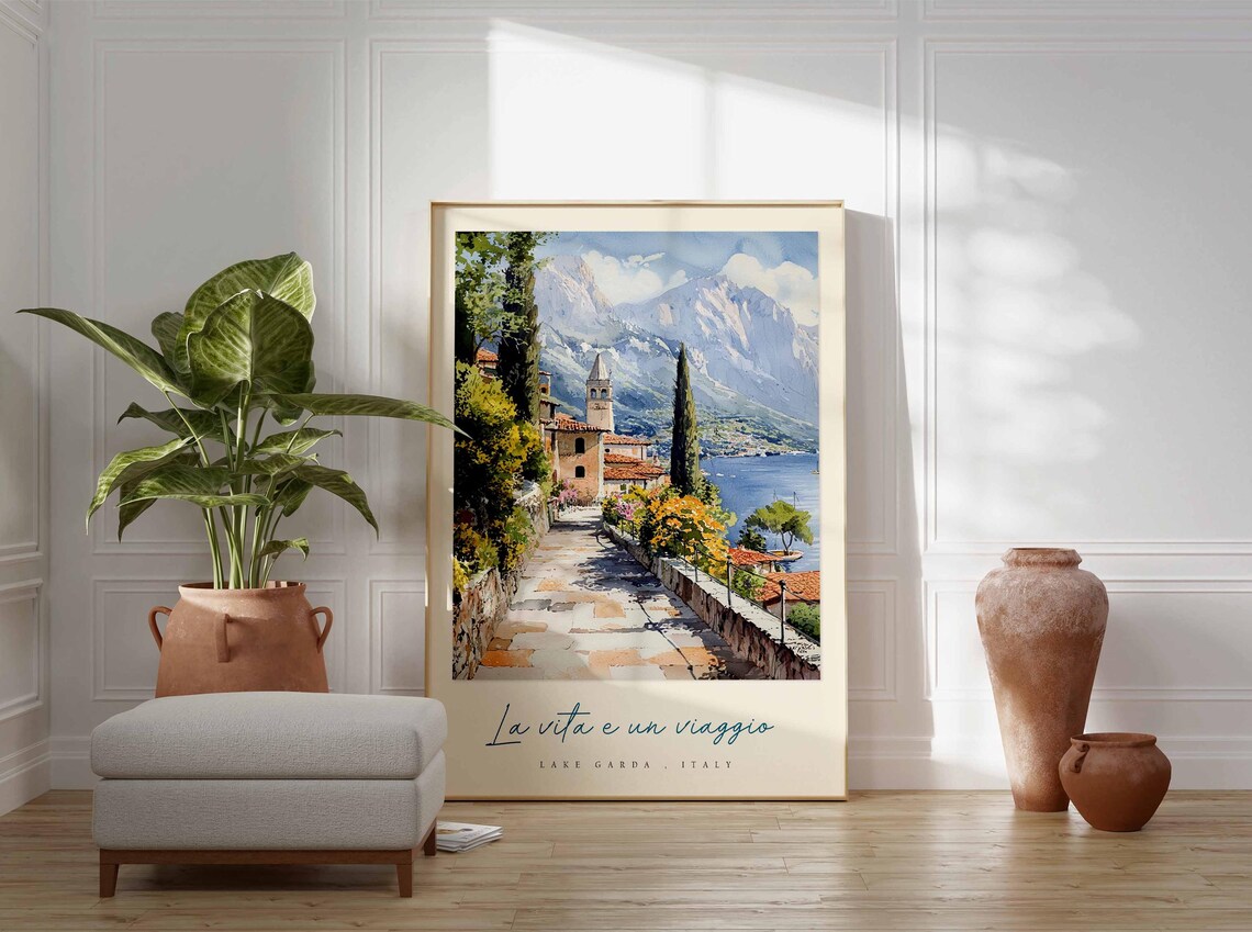 Lake Garda Italy Stone Path Village Church Tower Mountain Vista Poster - Image 3