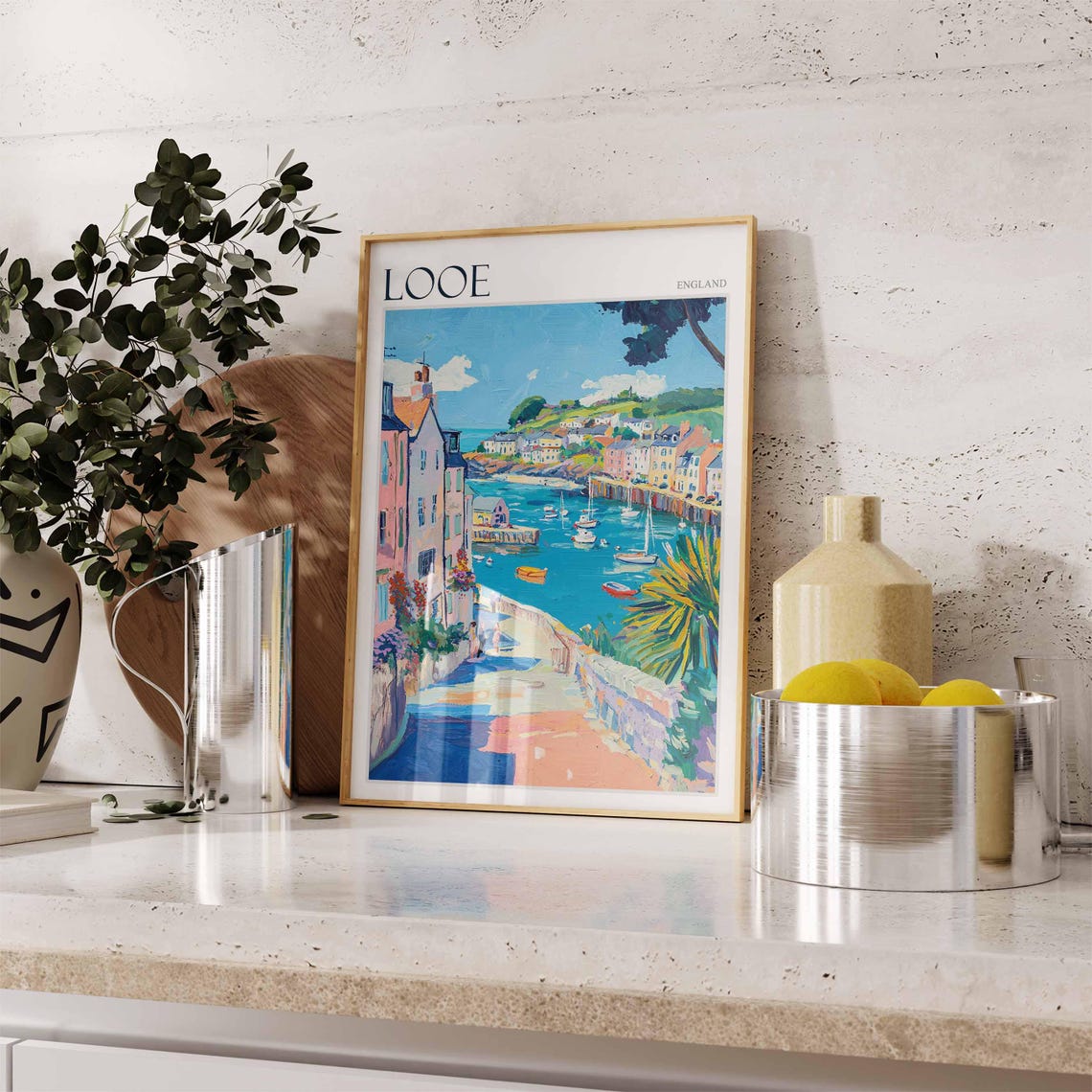 Looe England Coastal Path Palm Tree Boats Picturesque Bay Poster - Image 2