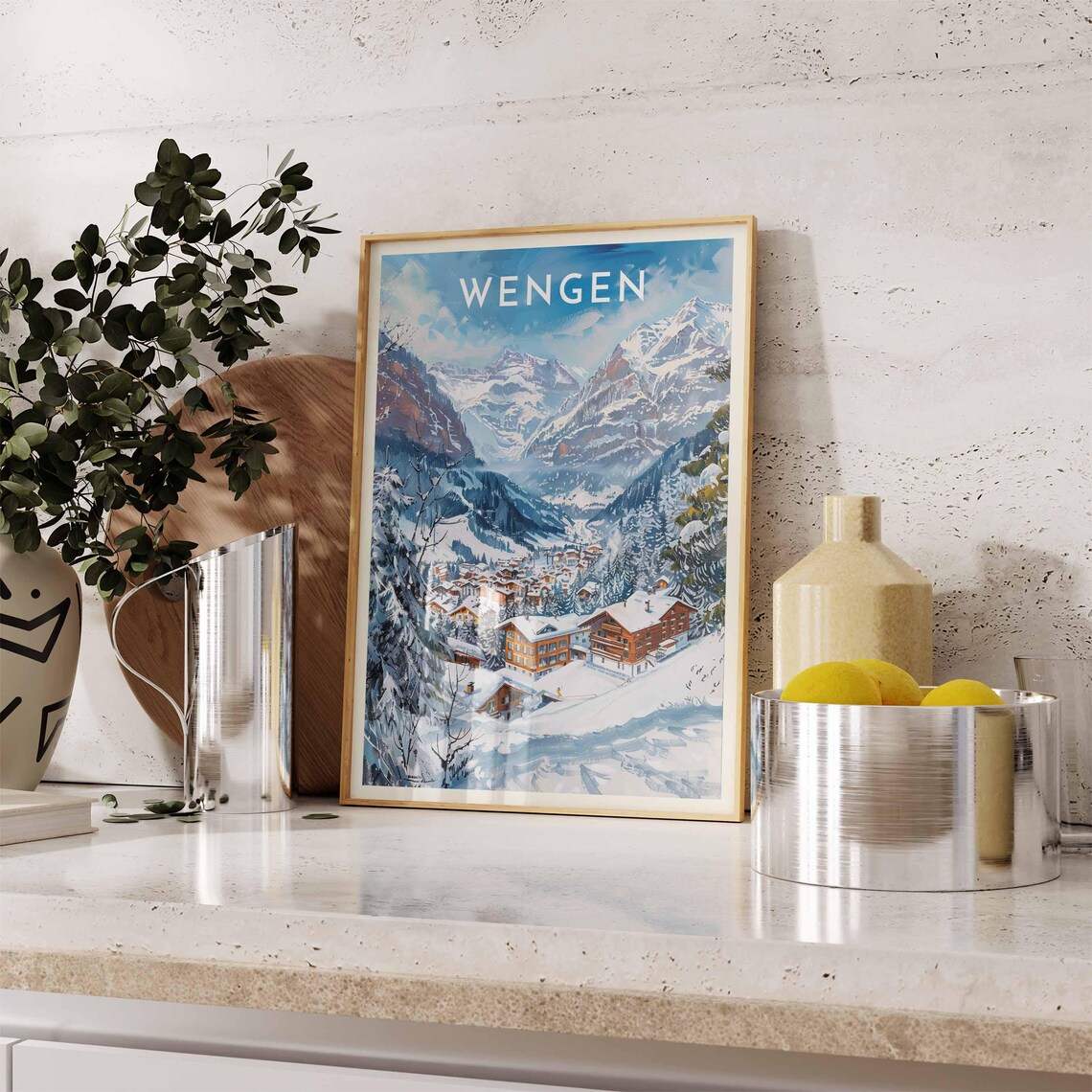 Wengen Switzerland Mountain Bowl Village Winter Scene Travel Poster - Image 2