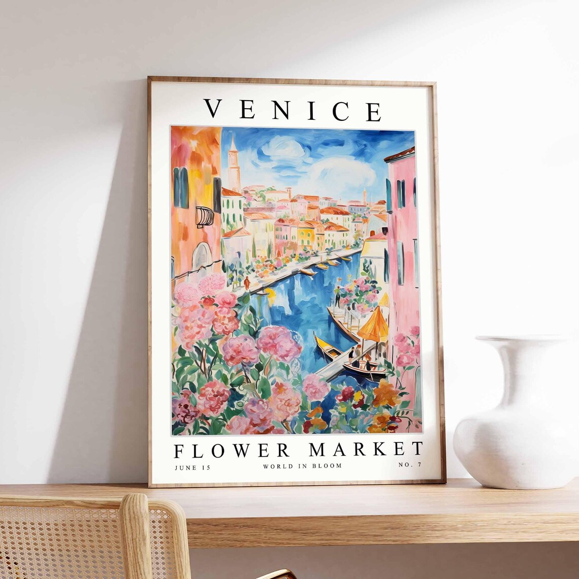 Venice Flower Market Poster of a Gondola Canal Framed by Pink Blooms