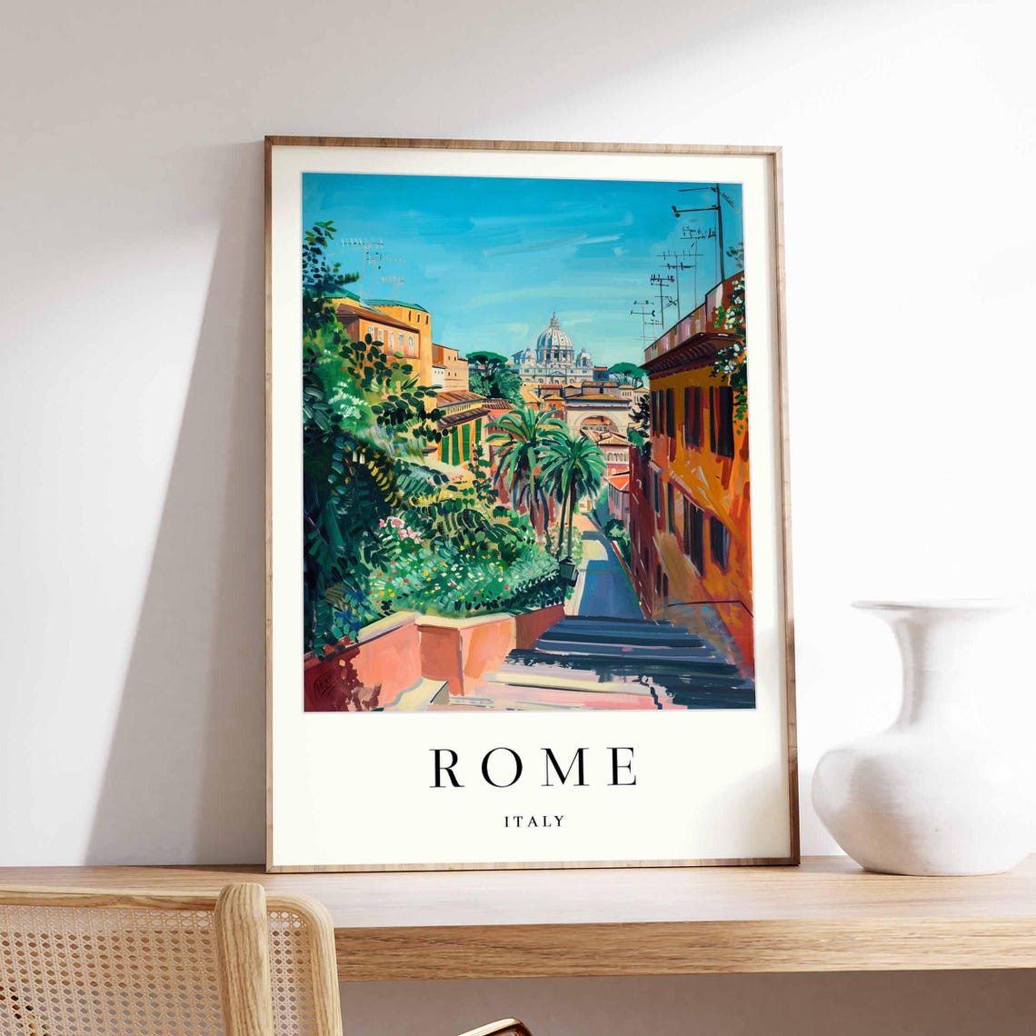 Rome Italy Dome View Lush Street Palm Trees Vintage Travel Poster