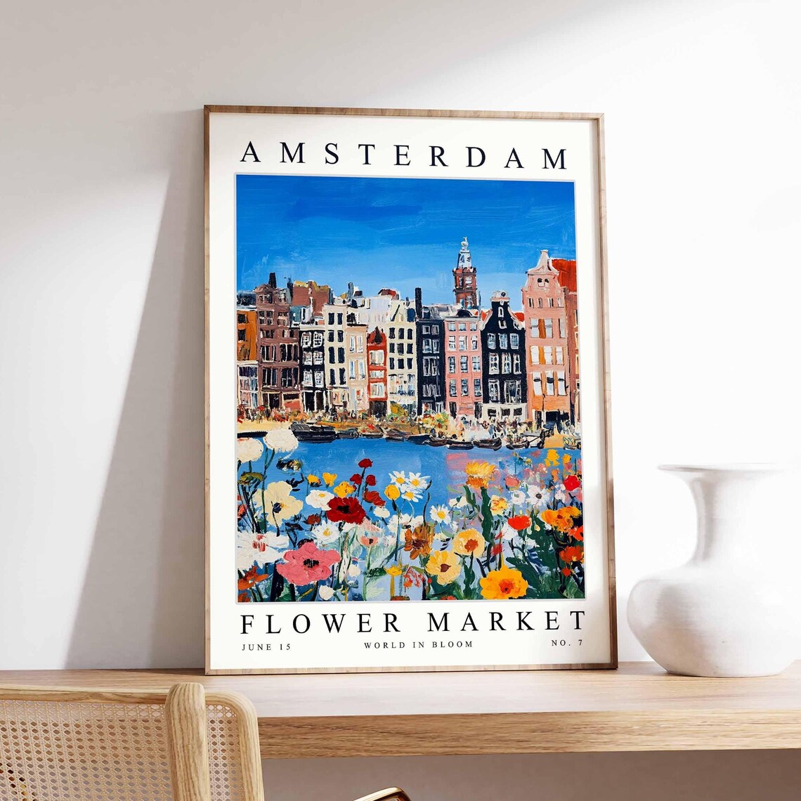 Amsterdam Flower Market Canal Houses Deep Blue Sky Wildflowers Poster