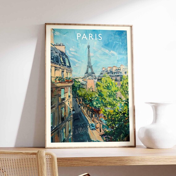 Paris Poster France Travel Print Eiffel Tower Cityscape Wall Decor Louvre Museum View Parisian City Gift