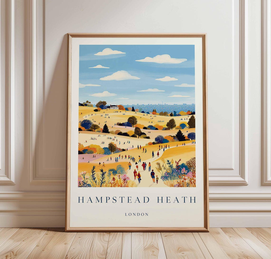 Hampstead Heath London Travel Poster Skyline Crowd Gathering Artwork