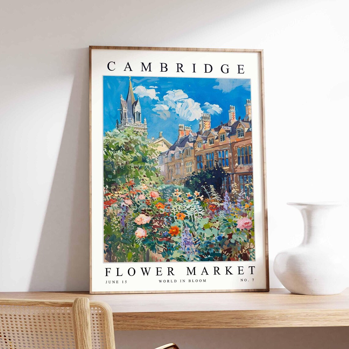Cambridge Flower Market Church Spire And Garden Blooms Poster