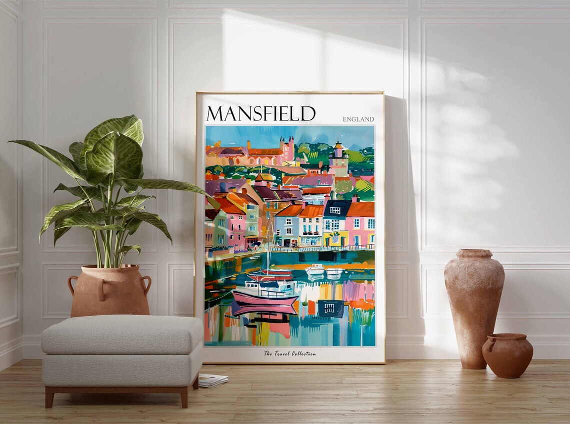 Mansfield England Colorful Harbor Boats Waterfront Painting Poster - Image 2