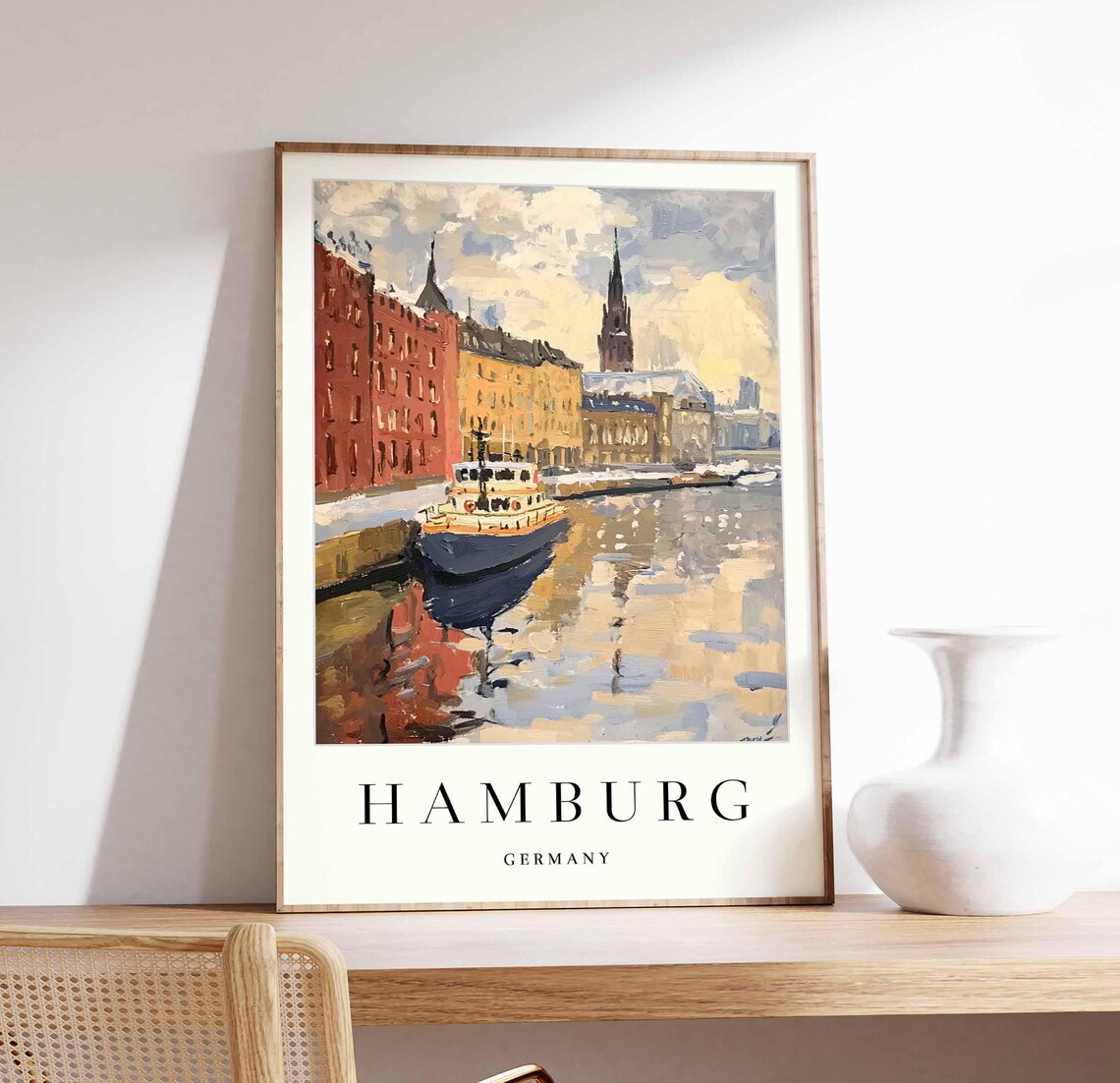 Hamburg Germany Harbor Oil Painting Boat Waterfront Travel Poster