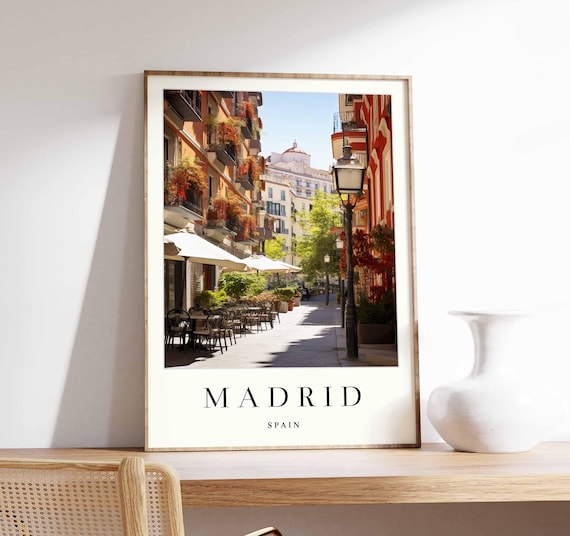Madrid Spain Sunlit Flower Balcony Street Scene Travel Poster