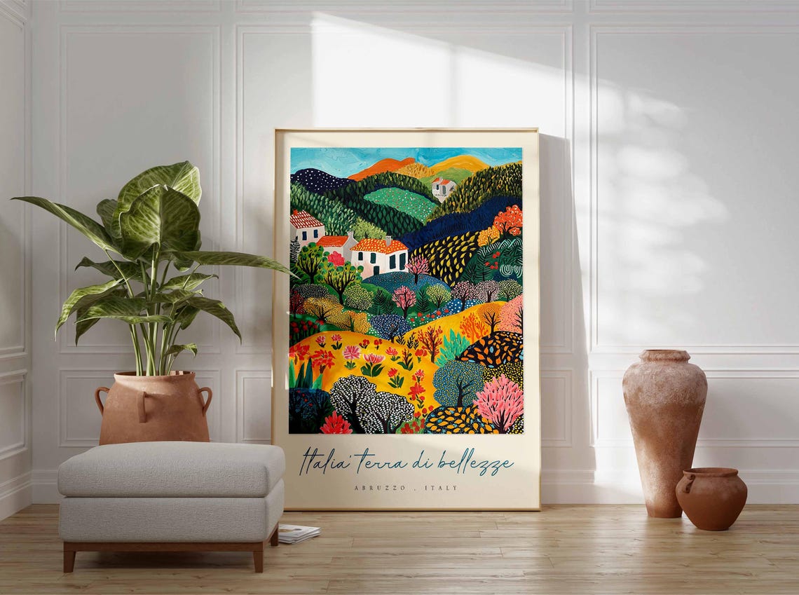 Abruzzo Folk Art Garden Village Colorful Trees Whimsical Poster - Image 3