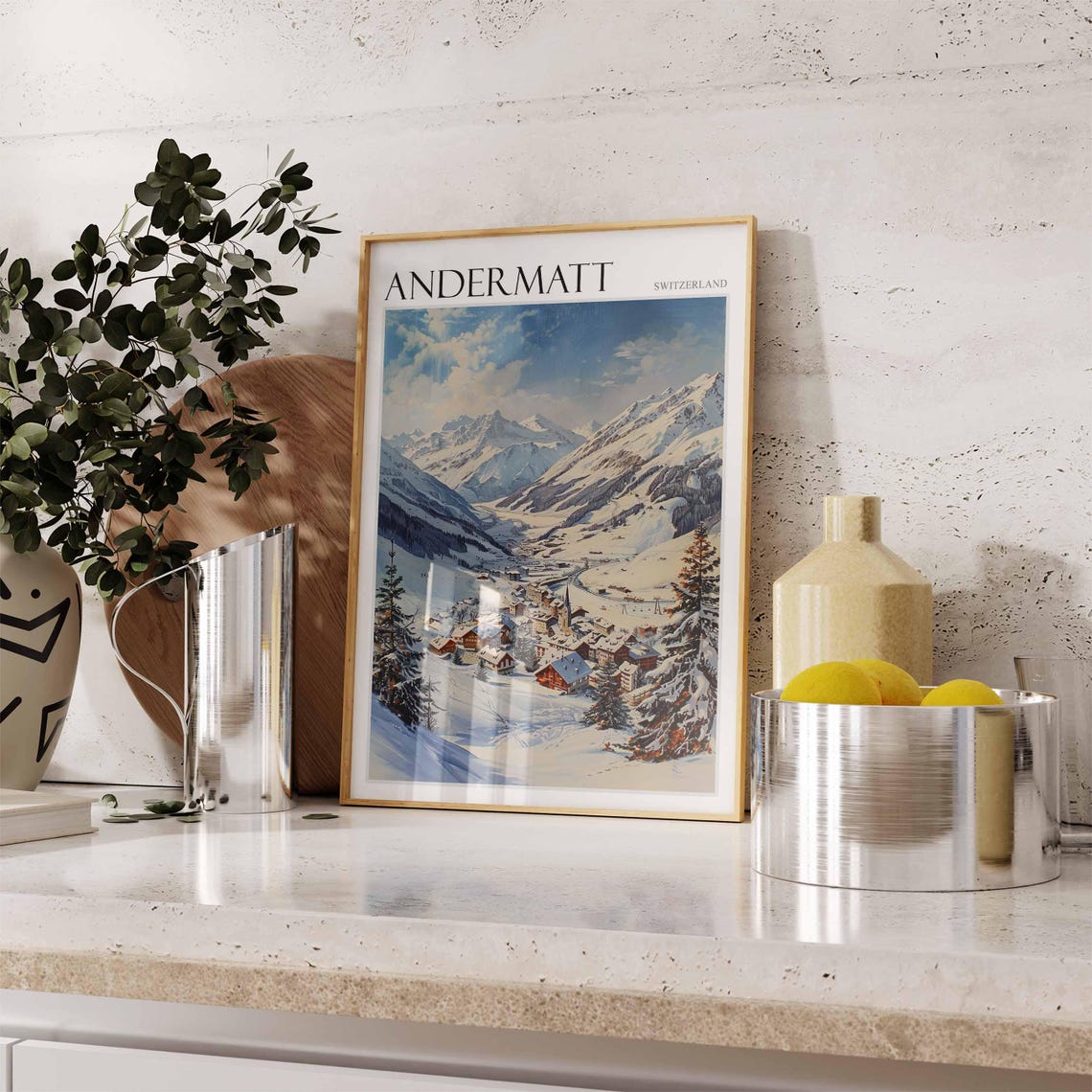 Andermatt Switzerland Snowy Valley Village In Blue Mountain Poster - Image 2