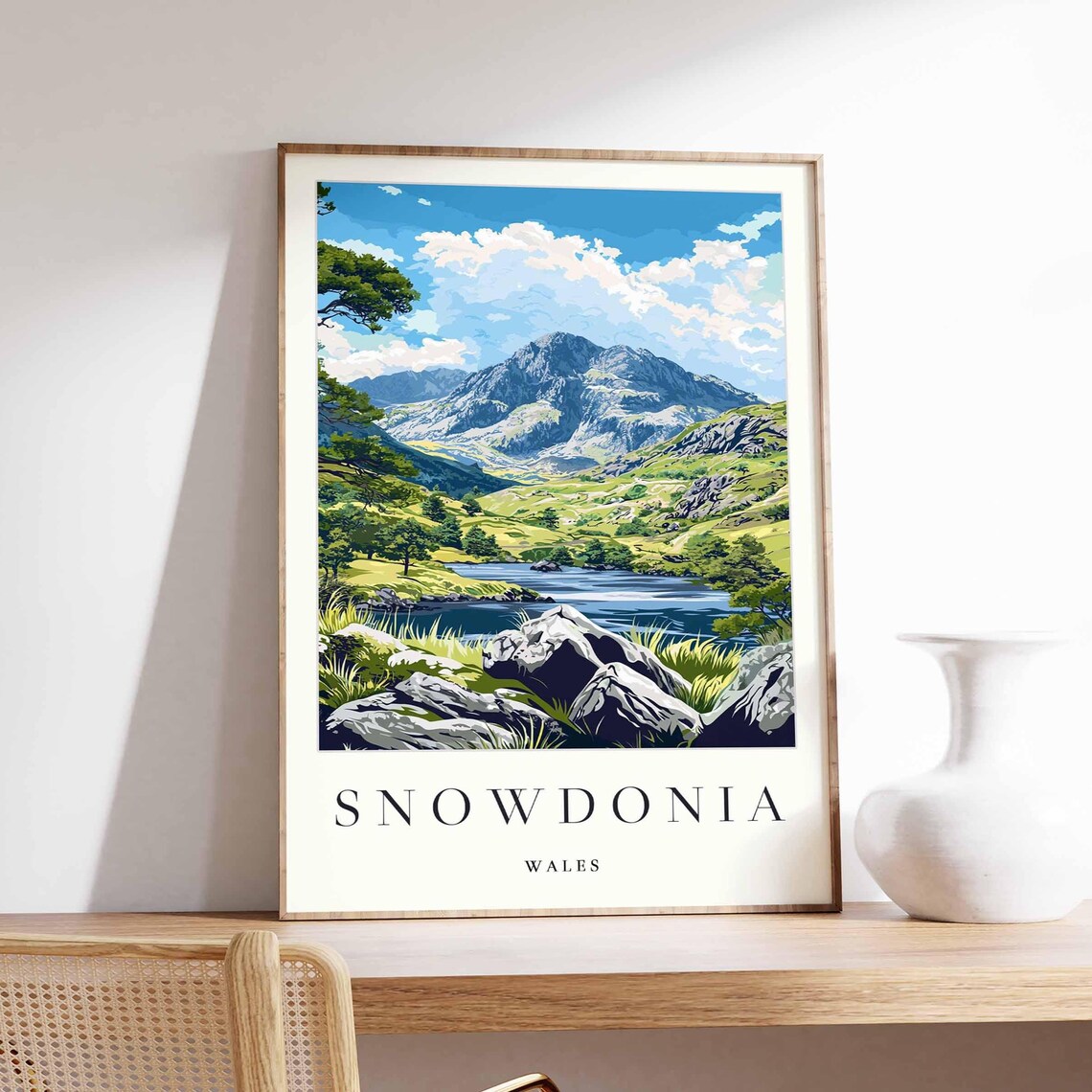 Snowdonia Wales Mountain Peak Lake Rocky Valley Scenic Travel Poster
