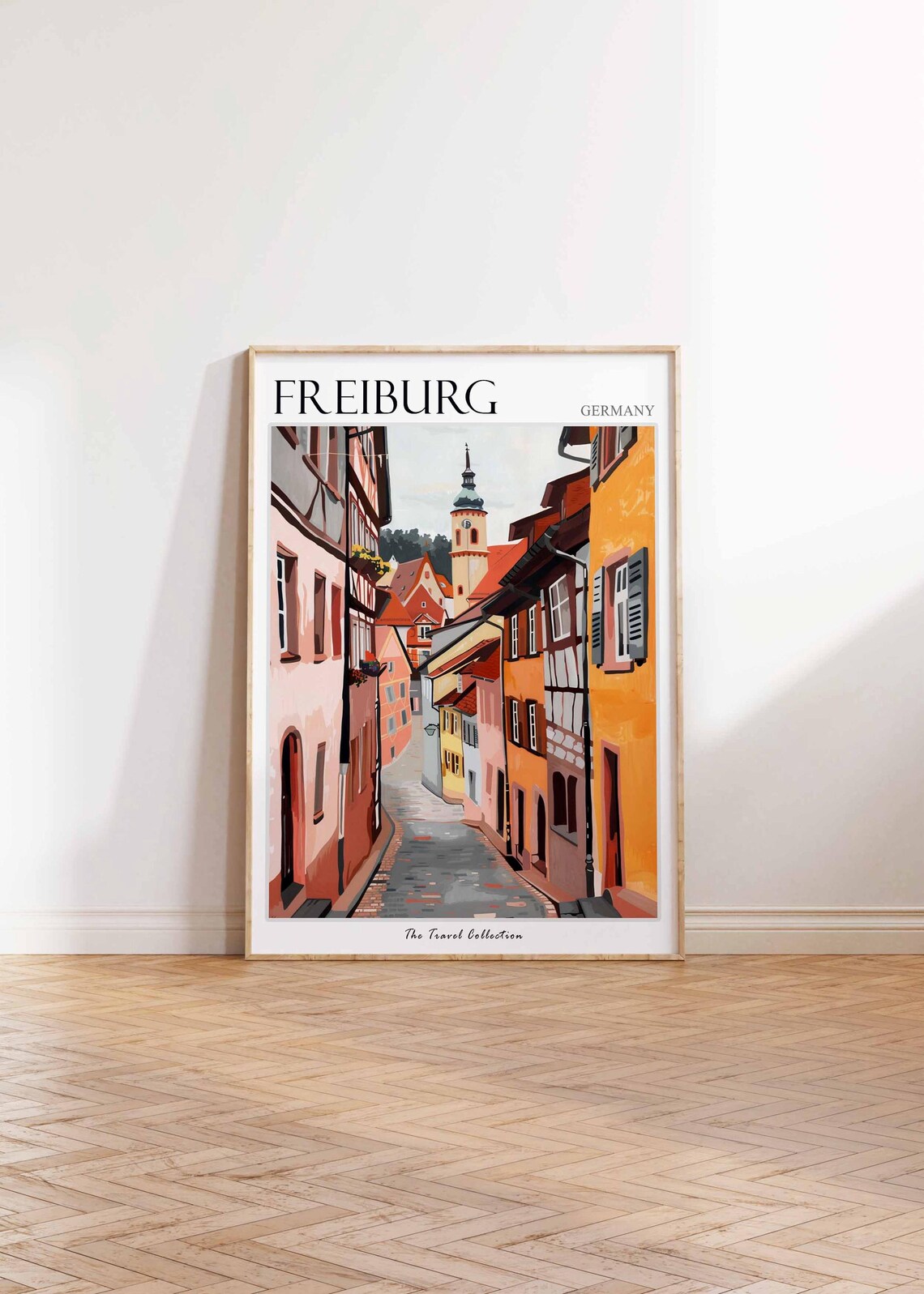 Freiburg Germany Old Town Cobbled Street Church Tower Travel Poster - Image 2