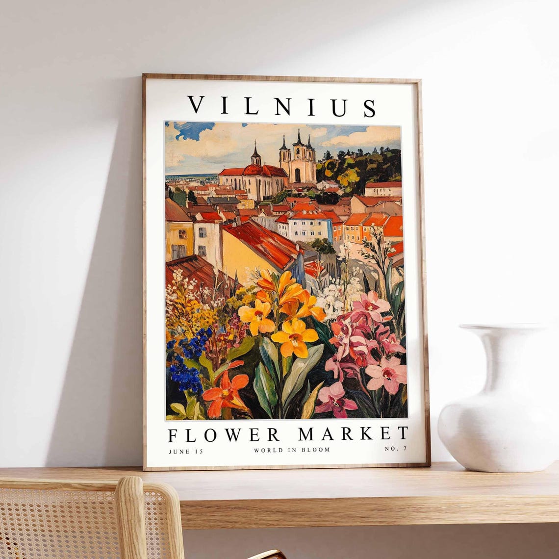 Vilnius Lithuania Flower Market Cathedral Red Roofs Bloom Poster