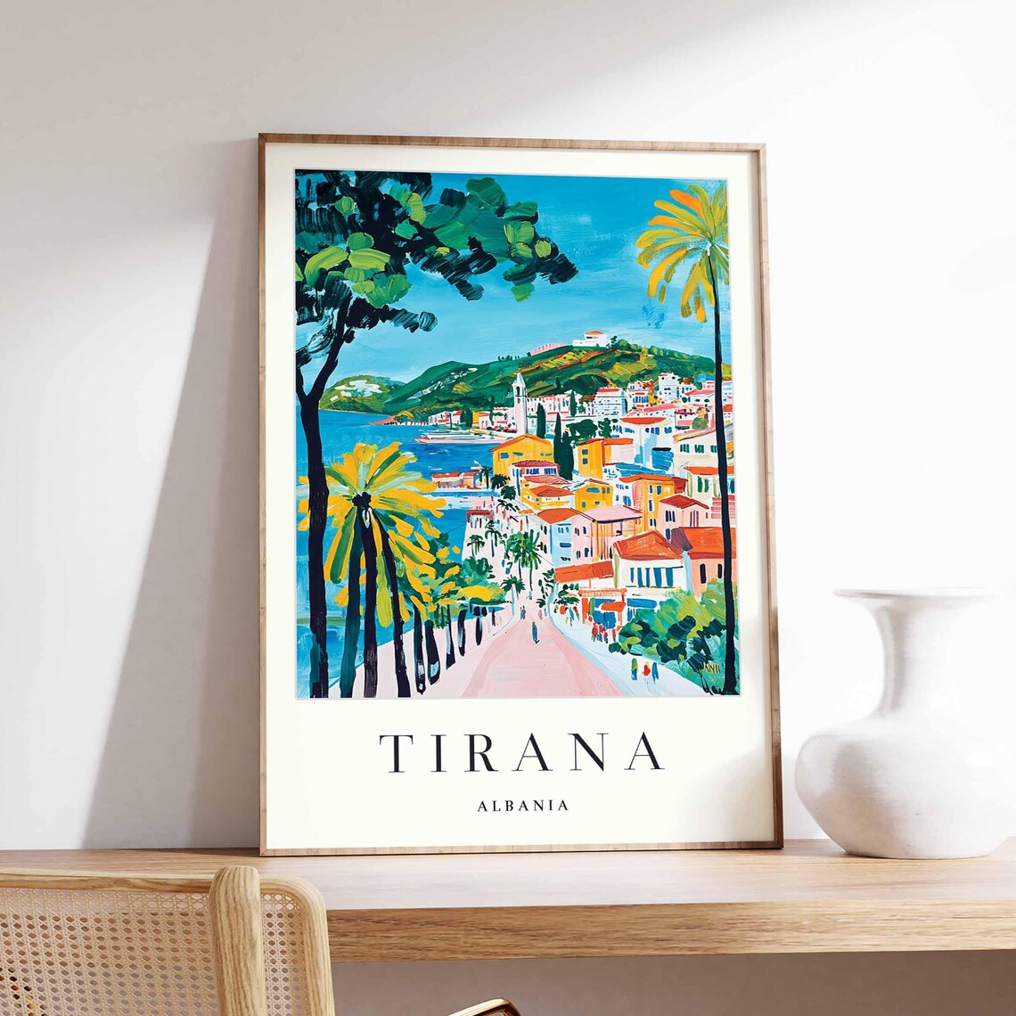Tirana Albania Palm Lined Promenade Coastal Town Hills View Poster