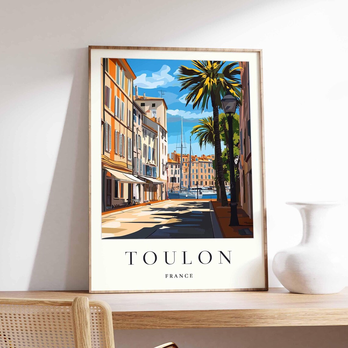 Toulon Retro France Mediterranean Harbor Palm Street Scene Poster