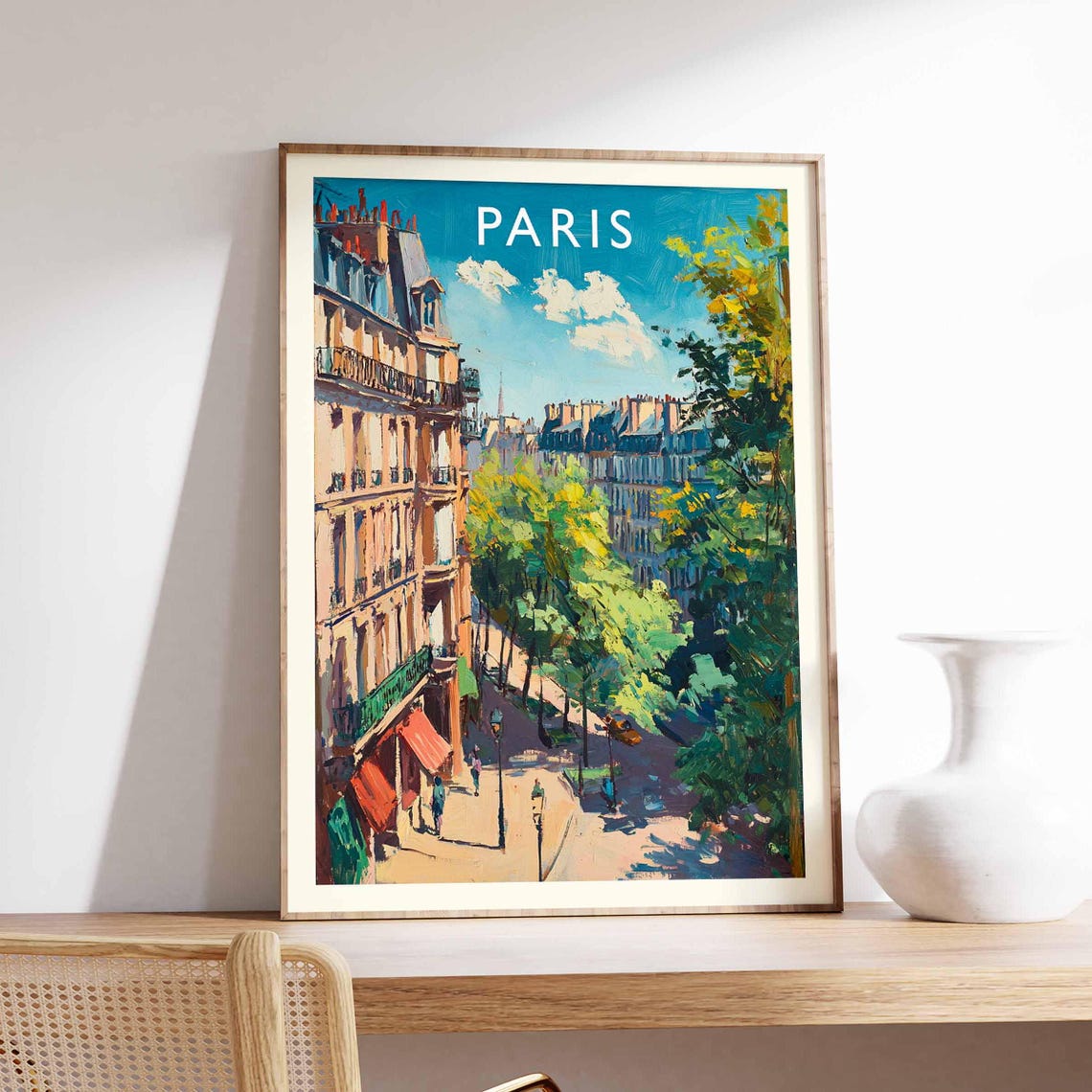 Paris France Charming Street Cafes and Green Canopy Travel Poster