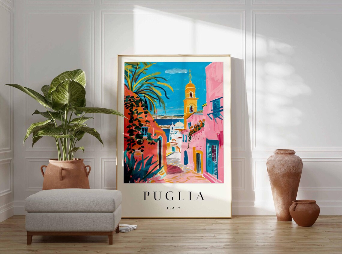 Puglia Italy Pink Alley Bell Tower Palm Trees Sea View Travel Poster - Image 4