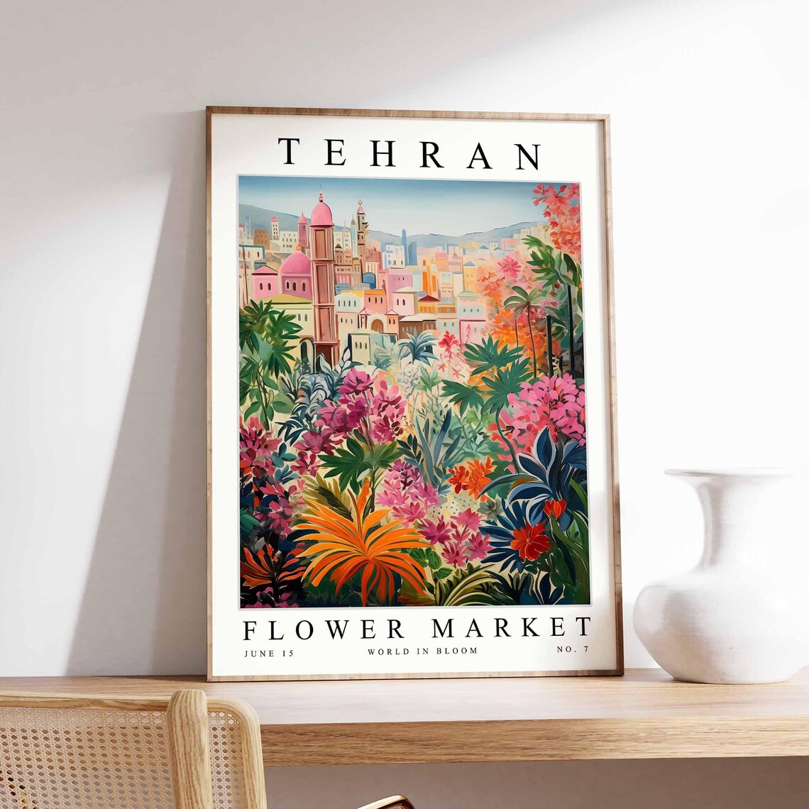 Tehran Flower Market Pink Dome Tower Tropical Blooms City Poster