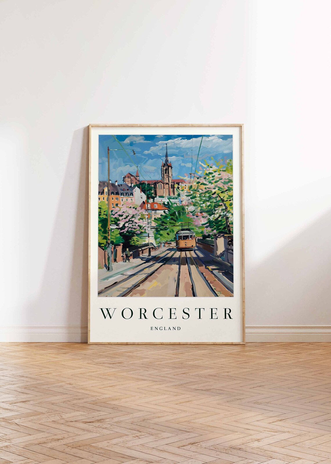 Worcester England Travel Poster Tram Tracks Hill Church Blossom Scene - Image 2