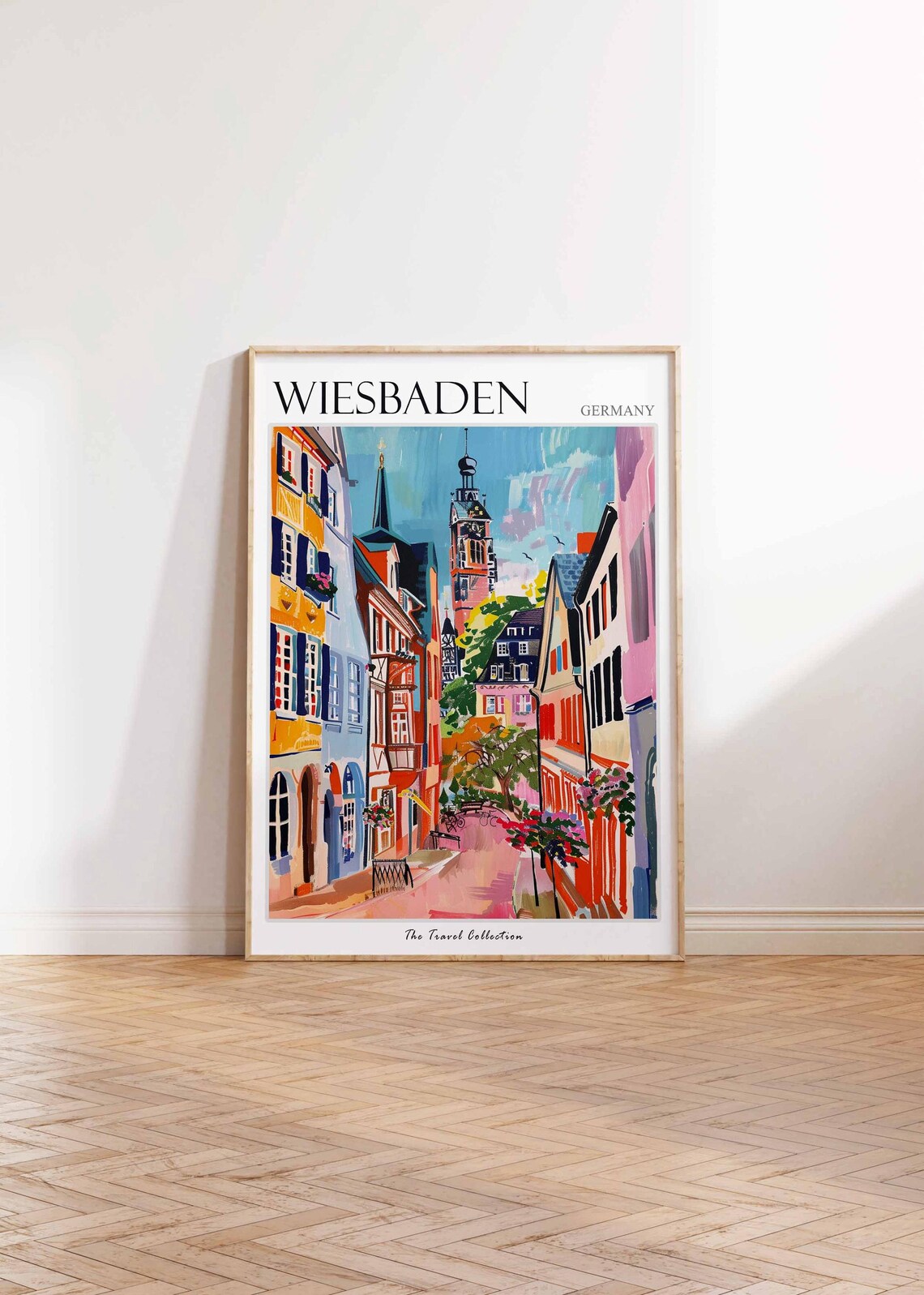 Wiesbaden Germany Colorful Old Town Street Clock Tower Travel Poster - Image 2