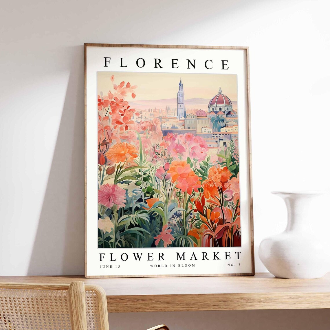 Florence Flower Market Coral Pink Blossom Italian City Art Poster