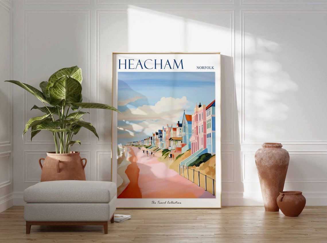 Heacham Norfolk Sunny Pastel Seafront Houses Long Pink Beach Poster - Image 3