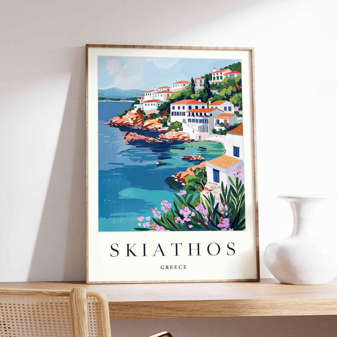 Skiathos Greece Cypress Topped Bay Town with Fishing Boats Poster